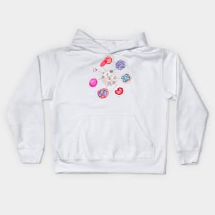 Blood cells. RBCs. WBCs, Basophil, Platelet, thrombocyte, Neutrophil, B-Lymphocyte, Monocyte, Eosinophil. Kids Hoodie